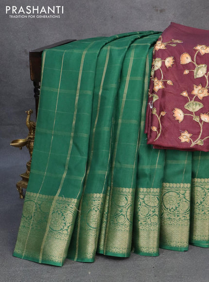 Dola silk saree green and deep wine shade with allover zari checked pattern and rich zari woven border - {{ collection.title }} by Prashanti Sarees