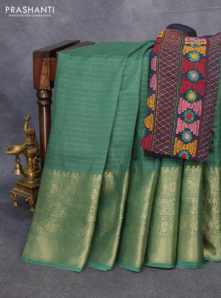 Dola silk saree green and elephant grey with allover zari woven stripes pattern and long zari woven border with embroidery work blouse - {{ collection.title }} by Prashanti Sarees