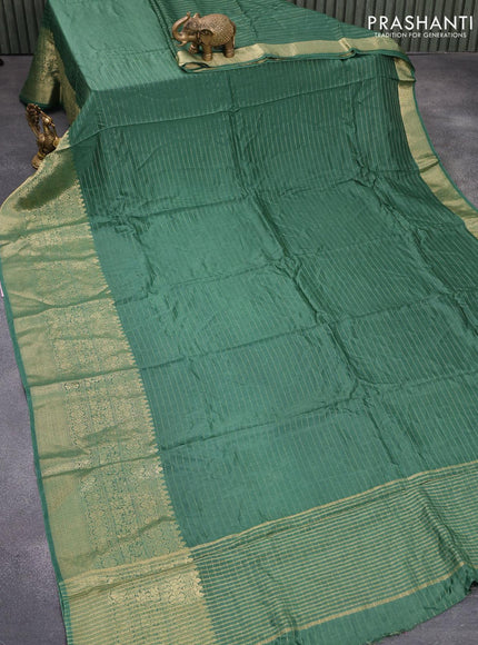 Dola silk saree green and elephant grey with allover zari woven stripes pattern and long zari woven border with embroidery work blouse - {{ collection.title }} by Prashanti Sarees