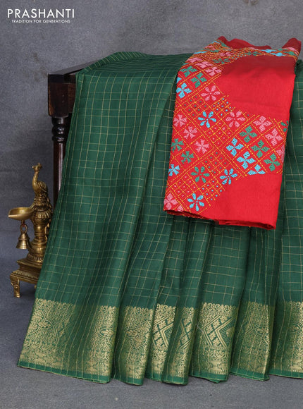 Dola silk saree green and red with zari checked pattern and zari woven border with embroidery work blouse - {{ collection.title }} by Prashanti Sarees