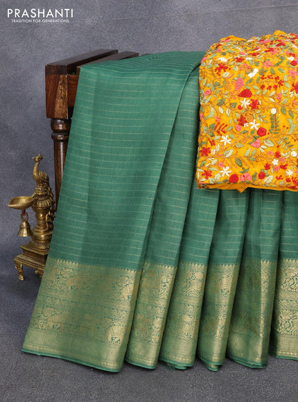 Dola silk saree green and yellow with allover zari woven stripes pattern and zari woven border with embroidery work blouse - {{ collection.title }} by Prashanti Sarees