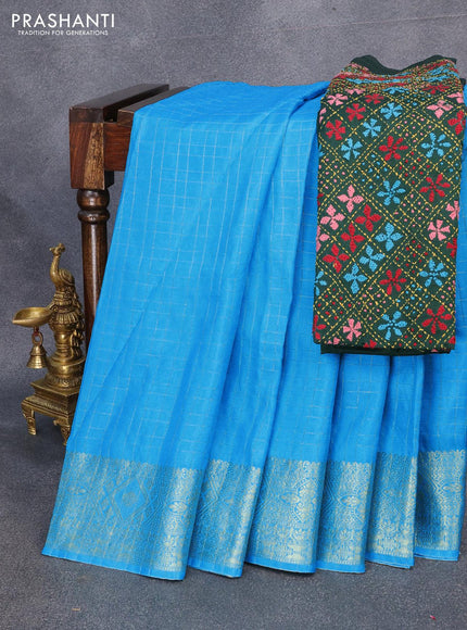 Dola silk saree light blue and green with zari checked pattern and zari woven border with embroidery work blouse - {{ collection.title }} by Prashanti Sarees