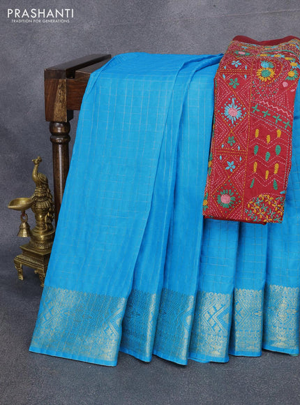 Dola silk saree light blue and red with zari checked pattern and zari woven border with embroidery work blouse - {{ collection.title }} by Prashanti Sarees