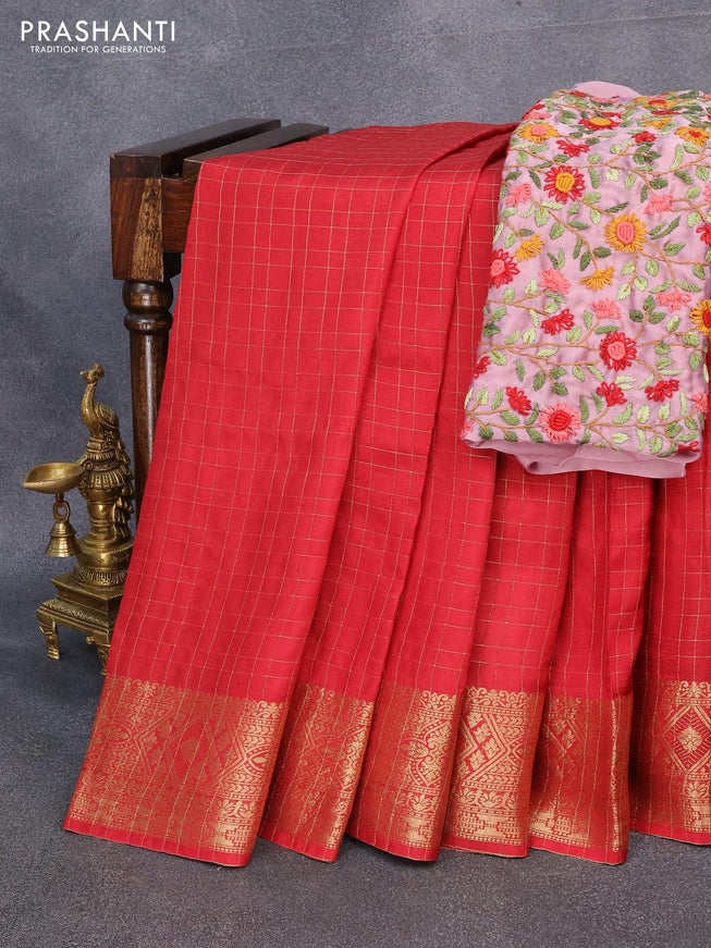 Dola silk saree maroon and pastel pink with zari checked pattern and zari woven border with embroidery work blouse - {{ collection.title }} by Prashanti Sarees