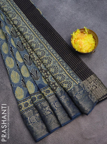 Dola silk saree peacock blue with allover ajrakh prints and zari woven floral border - {{ collection.title }} by Prashanti Sarees