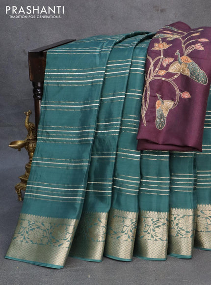 Dola silk saree peacock green and deep wine shade with allover zari woven stripes pattern and rich zari woven border - {{ collection.title }} by Prashanti Sarees