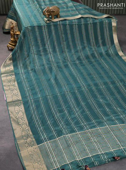 Dola silk saree peacock green and deep wine shade with allover zari woven stripes pattern and rich zari woven border - {{ collection.title }} by Prashanti Sarees