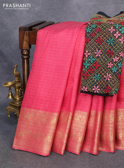 Dola silk saree pink shade and black with allover zari woven stripes pattern and zari woven border with embroidery work blouse - {{ collection.title }} by Prashanti Sarees