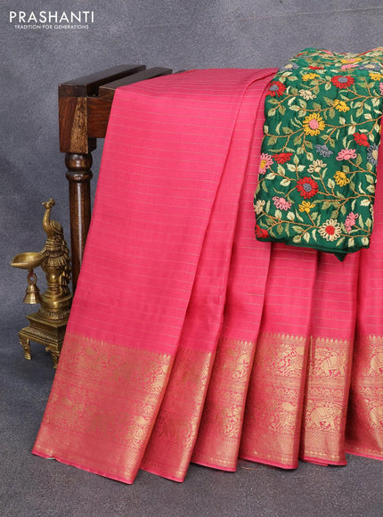 Dola silk saree pink shade and green with allover zari woven stripes pattern and long zari woven border with embroidery work blouse - {{ collection.title }} by Prashanti Sarees