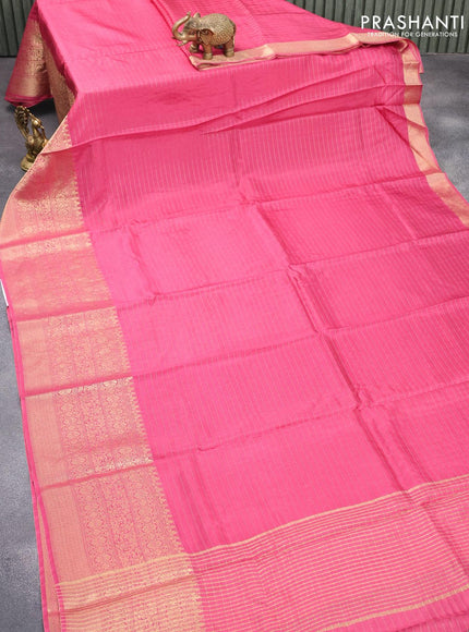 Dola silk saree pink shade and green with allover zari woven stripes pattern and long zari woven border with embroidery work blouse - {{ collection.title }} by Prashanti Sarees