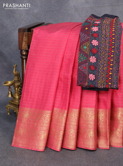 Dola silk saree pink shade and navy blue with allover zari woven stripes pattern and zari woven border with embroidery work blouse - {{ collection.title }} by Prashanti Sarees