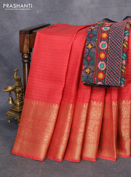 Dola silk saree red and black with allover zari woven stripes pattern and long zari woven border with embroidery work blouse - {{ collection.title }} by Prashanti Sarees