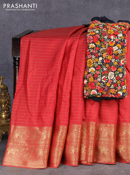 Dola silk saree red shade and black with allover zari woven stripes pattern and zari woven border with embroidery work blouse - {{ collection.title }} by Prashanti Sarees