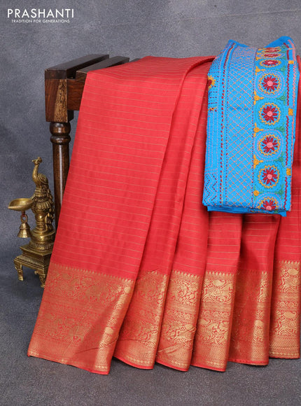 Dola silk saree red shade and cs blue with allover zari woven stripes pattern and zari woven border with embroidery work blouse - {{ collection.title }} by Prashanti Sarees