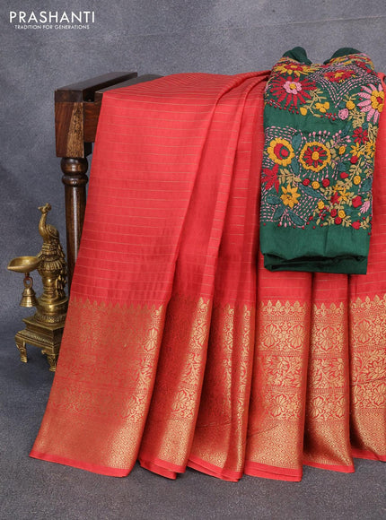 Dola silk saree red shade and dark green with allover zari woven stripes pattern and zari woven border with embroidery work blouse - {{ collection.title }} by Prashanti Sarees