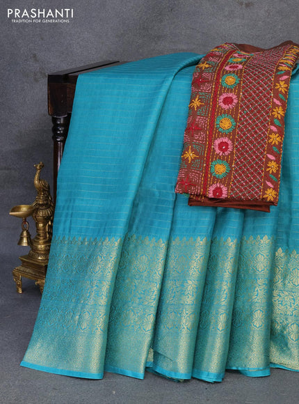 Dola silk saree teal blue and brown with allover zari woven stripes pattern and zari woven border with embroidery work blouse - {{ collection.title }} by Prashanti Sarees