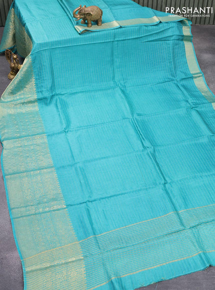 Dola silk saree teal blue and brown with allover zari woven stripes pattern and zari woven border with embroidery work blouse - {{ collection.title }} by Prashanti Sarees