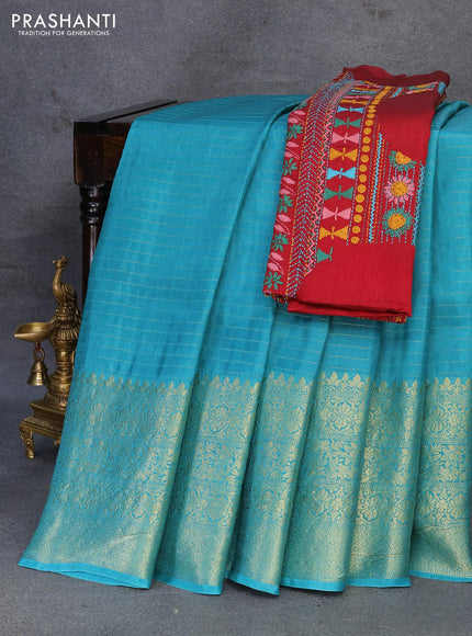 Dola silk saree teal blue and maroon with allover zari woven stripes pattern and long zari woven border with embroidery work blouse - {{ collection.title }} by Prashanti Sarees