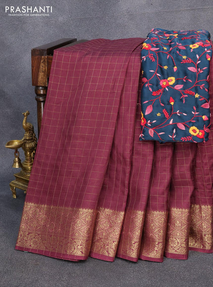 Dola silk saree wine shade and peacock blue with zari checked pattern and zari woven border with embroidery work blouse - {{ collection.title }} by Prashanti Sarees