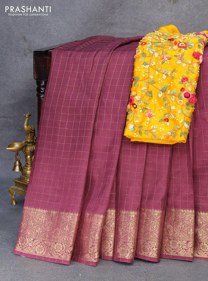 Dola silk saree wine shade and yellow with zari checked pattern and zari woven border with embroidery work blouse - {{ collection.title }} by Prashanti Sarees