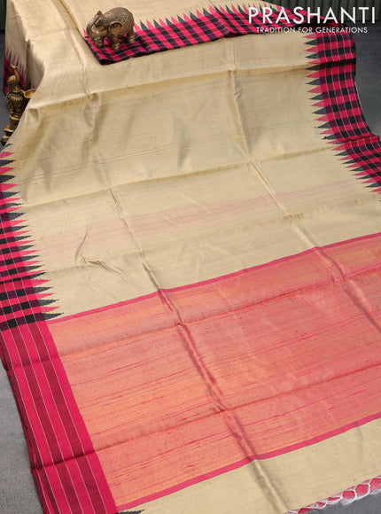 Dupion silk saree beige and pink with plain body and temple design checked border - {{ collection.title }} by Prashanti Sarees