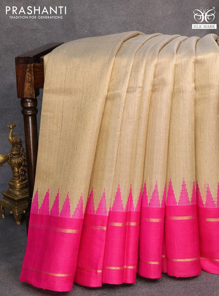 Dupion silk saree beige and pink with plain body and temple design rettapet zari woven border - {{ collection.title }} by Prashanti Sarees