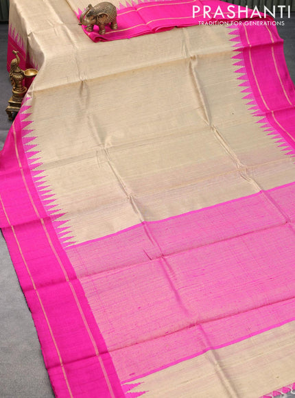 Dupion silk saree beige and pink with plain body and temple design rettapet zari woven border - {{ collection.title }} by Prashanti Sarees