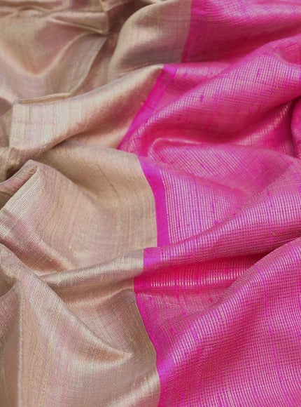 Dupion silk saree beige and pink with plain body and temple design rettapet zari woven border - {{ collection.title }} by Prashanti Sarees