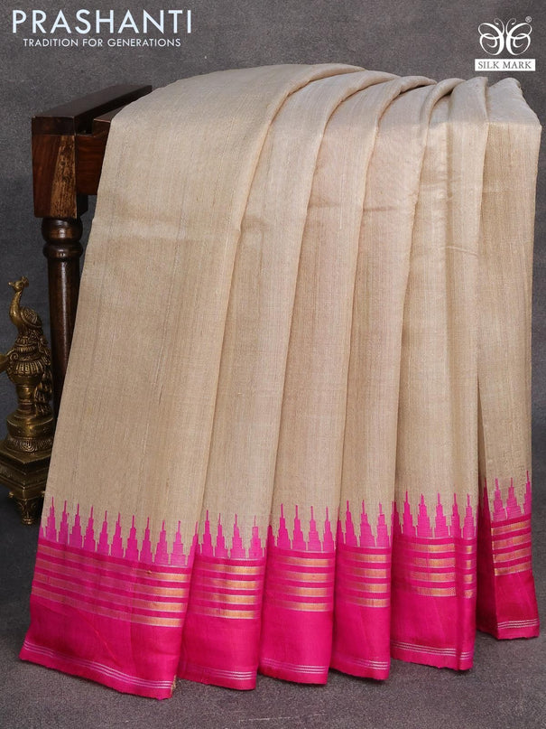 Dupion silk saree beige and pink with plain body and temple design zari woven border - {{ collection.title }} by Prashanti Sarees