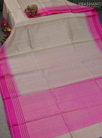 Dupion silk saree beige and pink with plain body and temple design zari woven border - {{ collection.title }} by Prashanti Sarees