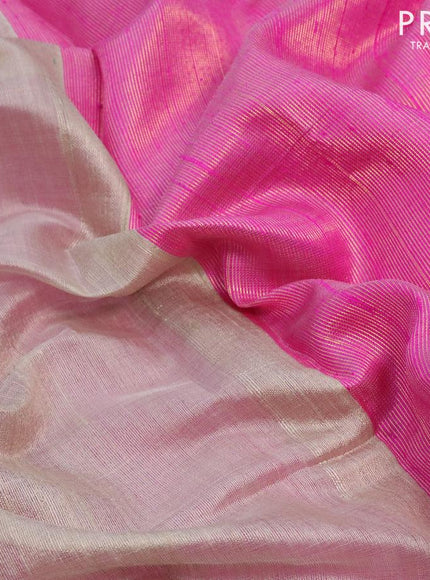 Dupion silk saree beige and pink with plain body and temple design zari woven border - {{ collection.title }} by Prashanti Sarees