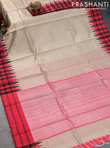 Dupion silk saree beige and red with plain body and temple design checked border - {{ collection.title }} by Prashanti Sarees