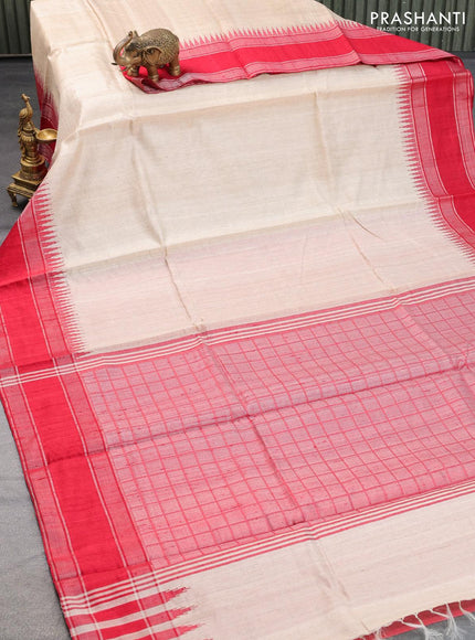 Dupion silk saree beige and red with plain body and temple design rettapet silver zari woven border - {{ collection.title }} by Prashanti Sarees