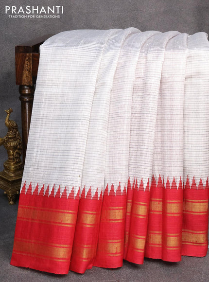 Dupion silk saree off white and red with allover checked pattern and temple design rettapet zari woven border - {{ collection.title }} by Prashanti Sarees