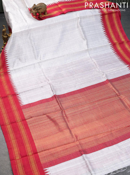 Dupion silk saree off white and red with allover checked pattern and temple design rettapet zari woven border - {{ collection.title }} by Prashanti Sarees