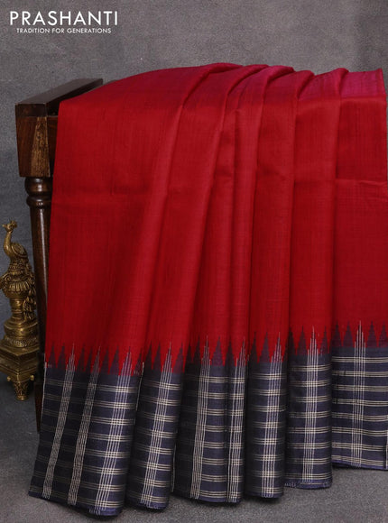 Dupion silk saree red and navy blue with plain body and temple design zari checked border - {{ collection.title }} by Prashanti Sarees