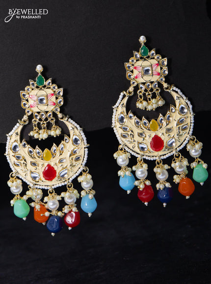 Fashion dangler chandbali earrings cream with multicolour beads and pearl hangings - {{ collection.title }} by Prashanti Sarees