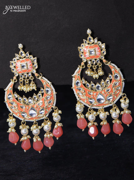 Fashion dangler chandbali earrings peach pink with multicolour beads and pearl hangings - {{ collection.title }} by Prashanti Sarees