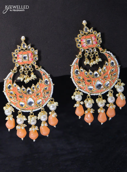 Fashion dangler chandbali earrings peach with multicolour beads and pearl hangings - {{ collection.title }} by Prashanti Sarees