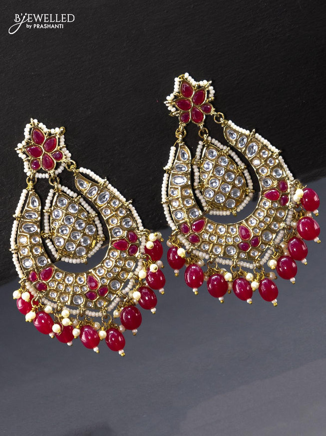 Fashion dangler earring dark pink and kundan stone with beads hangings - {{ collection.title }} by Prashanti Sarees