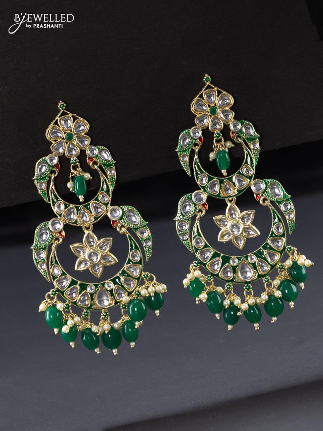 Fashion dangler green earrings chandbali design with kundan stones and beads hangings - {{ collection.title }} by Prashanti Sarees