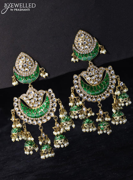 Fashion dangler green earrings with kundan stone and pearl hangings - {{ collection.title }} by Prashanti Sarees