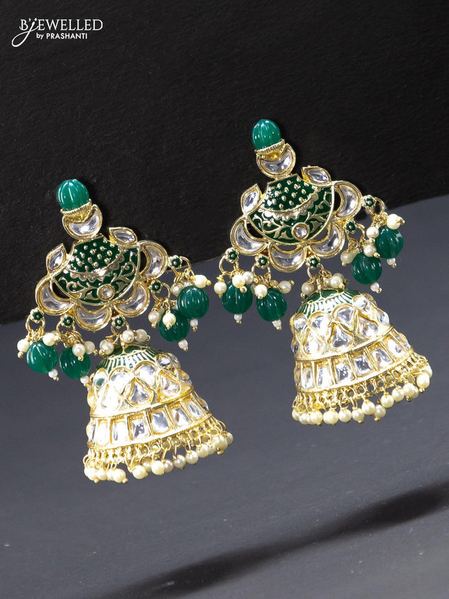 Fashion dangler jhumkas green and cz stone with beads hangings - {{ collection.title }} by Prashanti Sarees