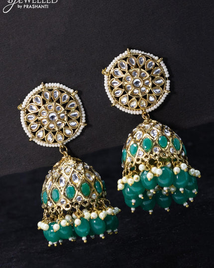 Fashion dangler jhumkas peacock green and cz stone with beads hangings - {{ collection.title }} by Prashanti Sarees