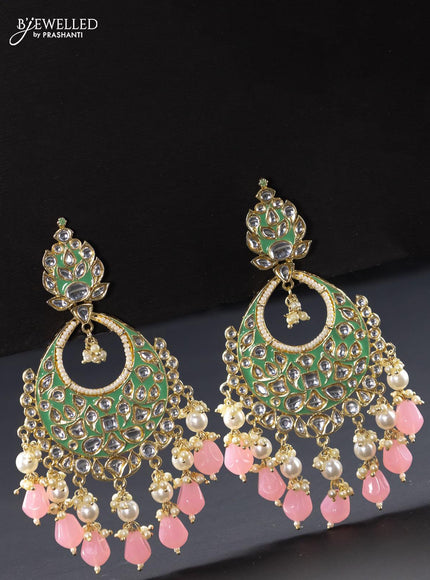 Fashion dangler mint green & baby pink earrings with kundan stones and beads hangings - {{ collection.title }} by Prashanti Sarees