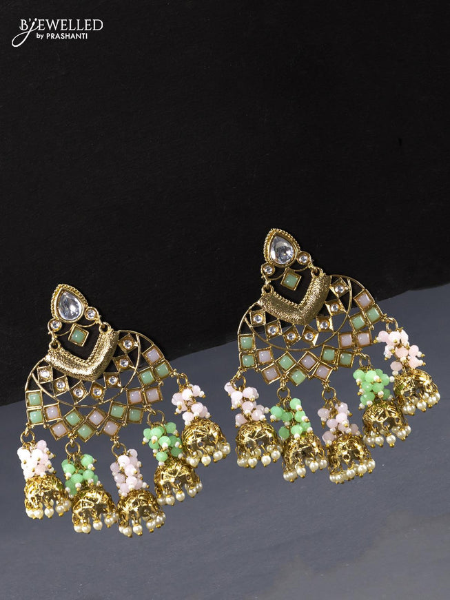 Fashion dangler mint green and pastel pink earring with pearl and beads hanging - {{ collection.title }} by Prashanti Sarees