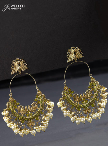 Fashion dangler peacock design olive green chandbali earring with pearl hangings - {{ collection.title }} by Prashanti Sarees