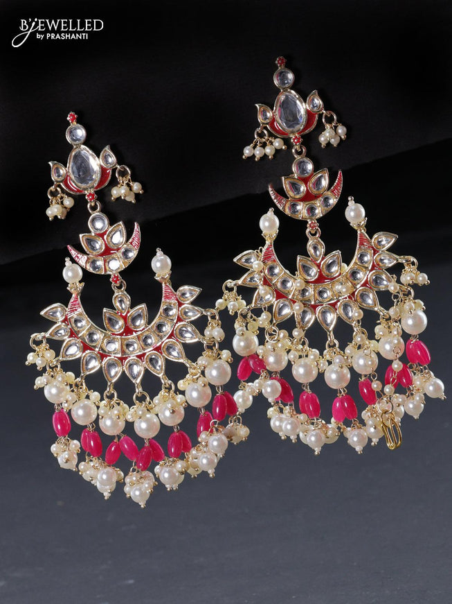 Fashion dangler pink earrings chandbali design with kundan stones and beads hangings - {{ collection.title }} by Prashanti Sarees