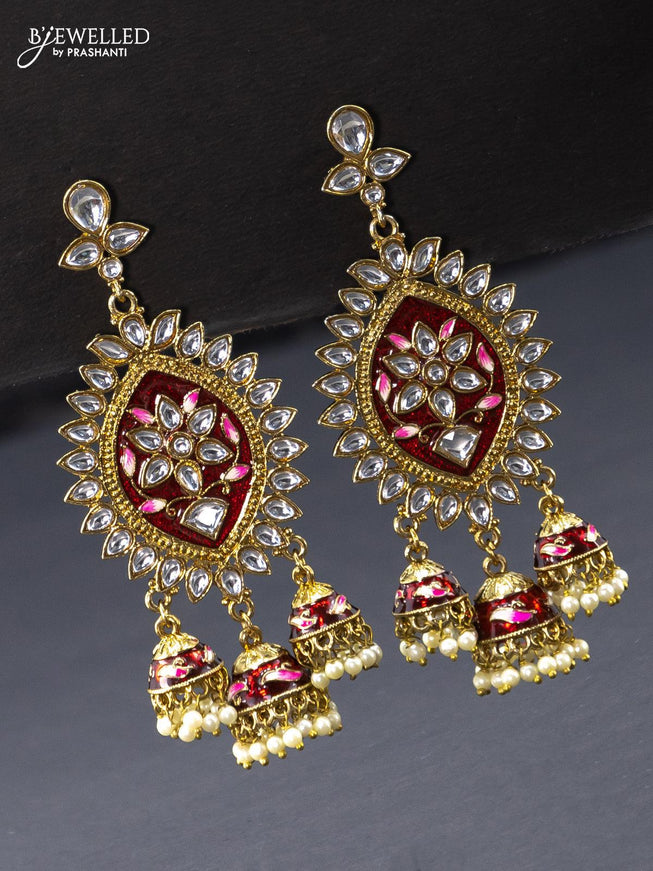 Fashion dangler red minakari jhumka with kundan stones and pearl hangings - {{ collection.title }} by Prashanti Sarees