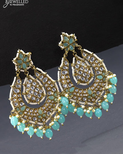 Fashion dangler teal blue earring with kundan stones and beads hangings - {{ collection.title }} by Prashanti Sarees